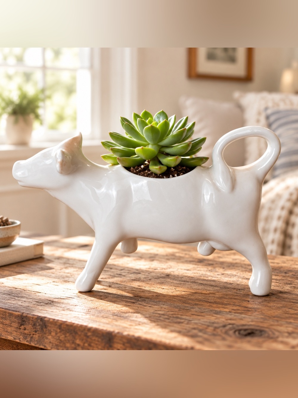 French White Ceramic Cow Planter Perfect for Succulents